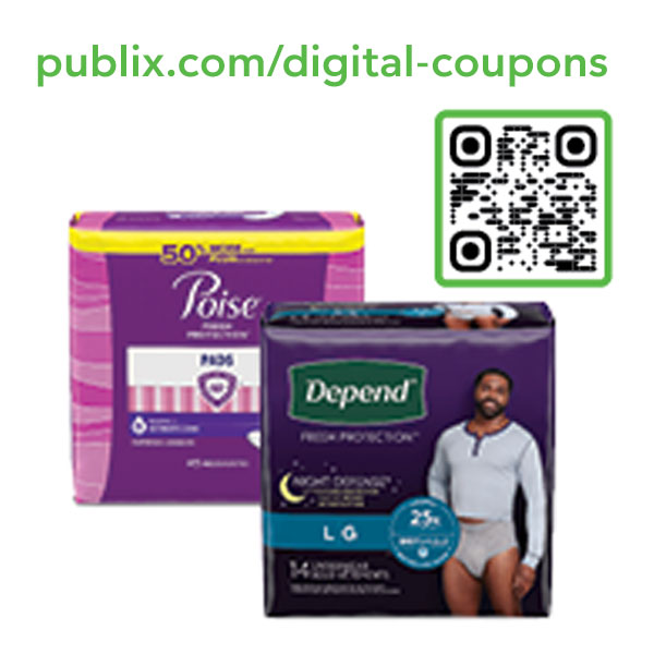 <a href="https://www.publix.com/savings/digital-coupons?cid=4598931&utm_source=GetTheSavings&utm_medium=landing%20page&utm_campaign=2023_Save_More_Fall" target="_blank" rel="noopener"><h4>$2 off</h4><strong><span style="color: #59b948;">WITH MFR DIGITAL COUPON</span></strong><br>Any One (1) package of Depend® Products (8ct. Or larger) or Poise® Product (Pads or Liners). Not valid on 14-16ct. Liners or 10ct. pads</a>