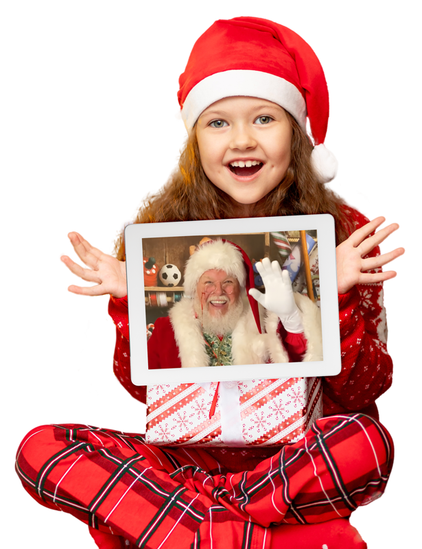 girl in christmas pj's holding tablet with santa on screen